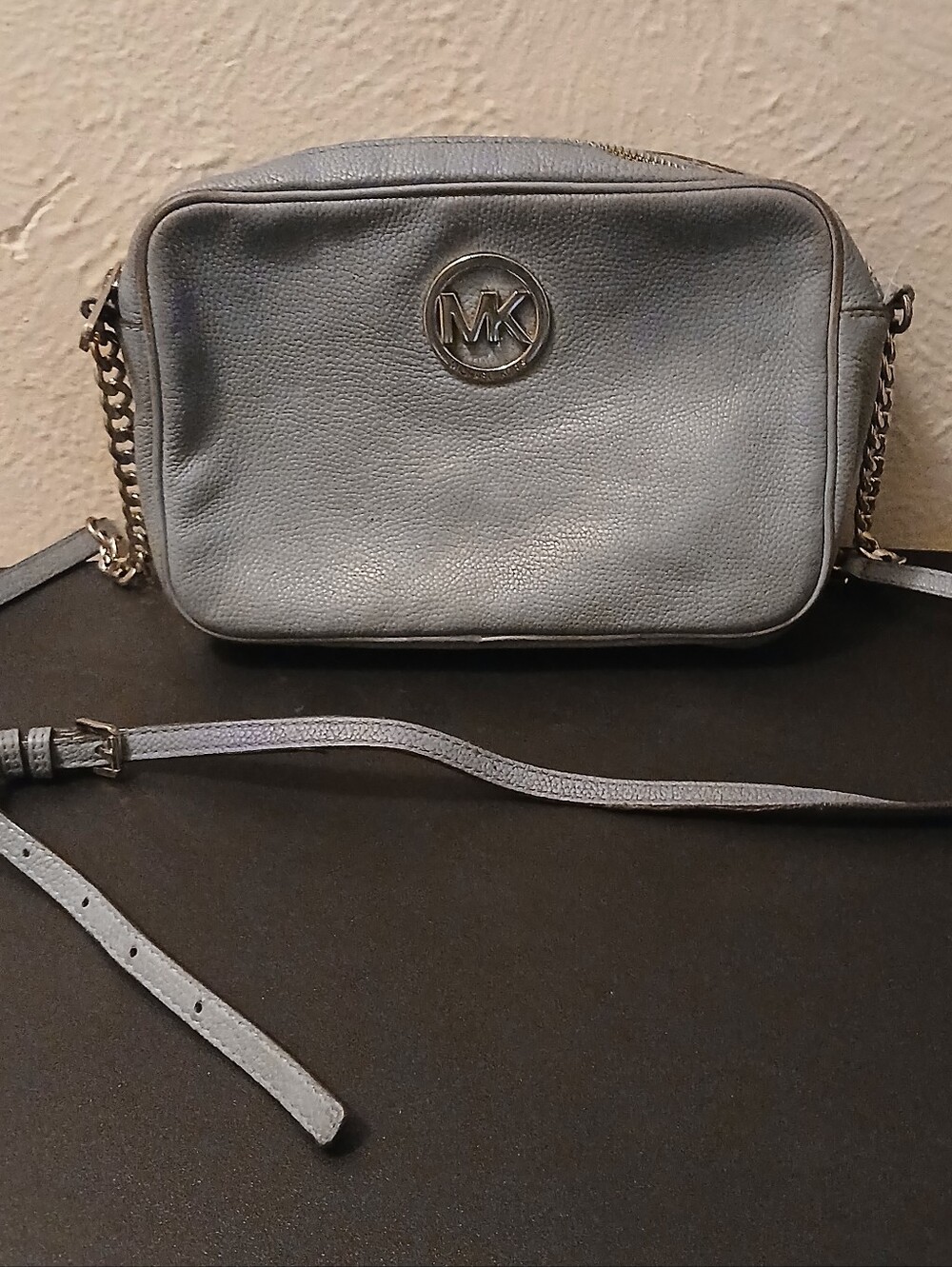 Michael Kors Pebbled Leather Crossbody in Light Blue with Silver-Tone MK Logo